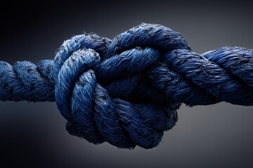 Close-up of a tightly knotted blue rope against a dark background shows interwoven strands, concept for strength illustration, unity metaphor and connection graphic
