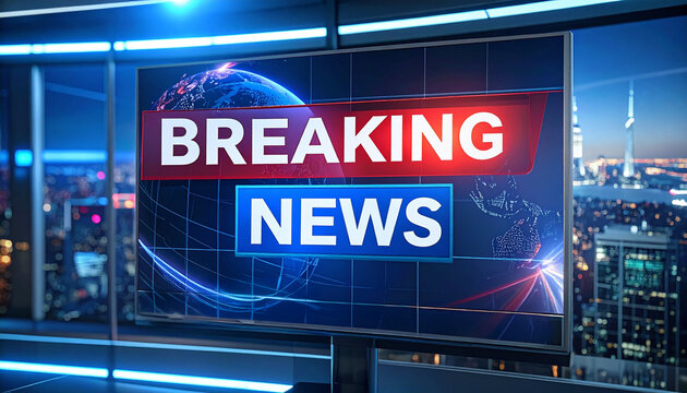 Breaking News banner displayed on a large screen, conveying information with a world map background and the city in the background