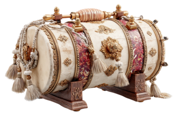 Ornate djembe drum with tassels and gold accents on a wooden stand on transparent background