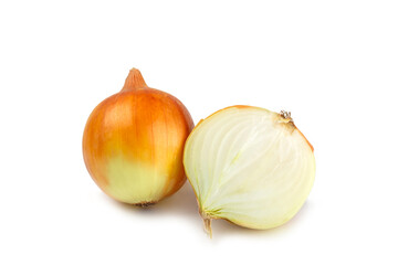 Obraz premium Onion isolated on white background. onion slice. onion rings. Fresh Yellow Onion. Natural, fresh, vegetarian food. Agricultural products. Healthy eating. Vegetables. Farmer's market.