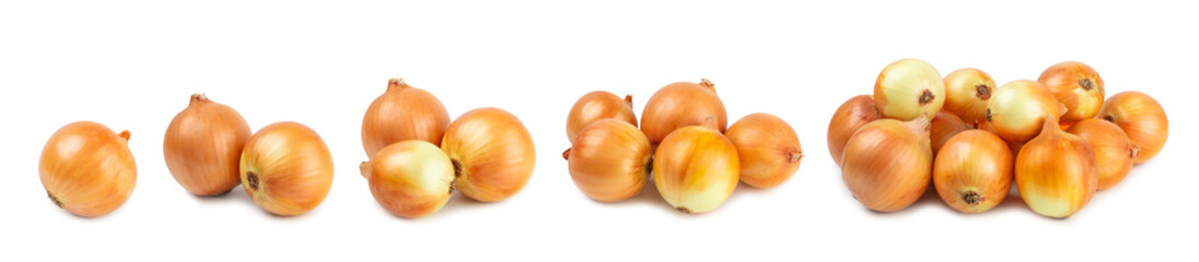Onion isolated on white background. onion slice. onion rings. Fresh Yellow Onion. Natural, fresh, vegetarian food. Agricultural products. Healthy eating. Vegetables. Farmer's market.