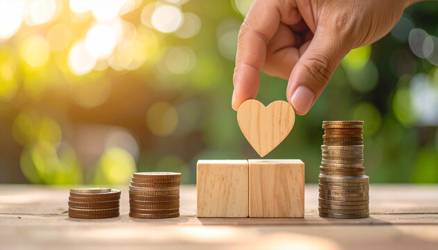 A hand carefully placing a wooden heart on top of stacked wooden blocks, next to piles of coins. It's a visual metaphor of love and financial growth.