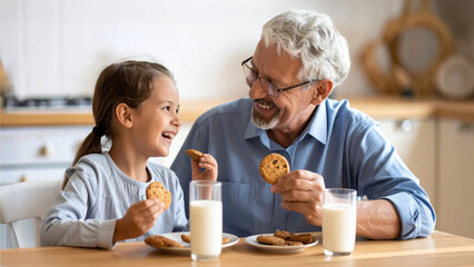 Grandfather and granddaughter share cookies and milk at the kitchen table