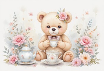  Teddy in Watercolor A Floral Tea Party Illustration