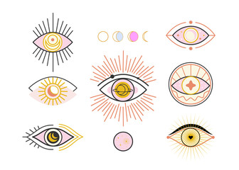 Set of eye icons isolated on transparent background. Colorful illustrations of eyes with moon.