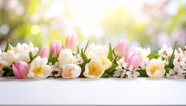 Beautiful Spring Floral Border Tulips, Hyacinths, and Soft Light for a Fresh, Bright Design