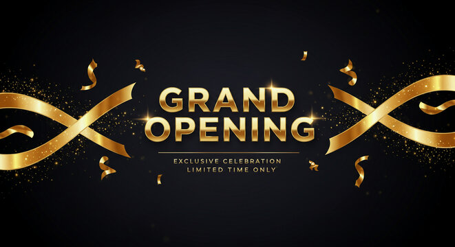 Grand opening event sign with golden ribbons and confetti sparkles on a dark background for retail business launch announcement.