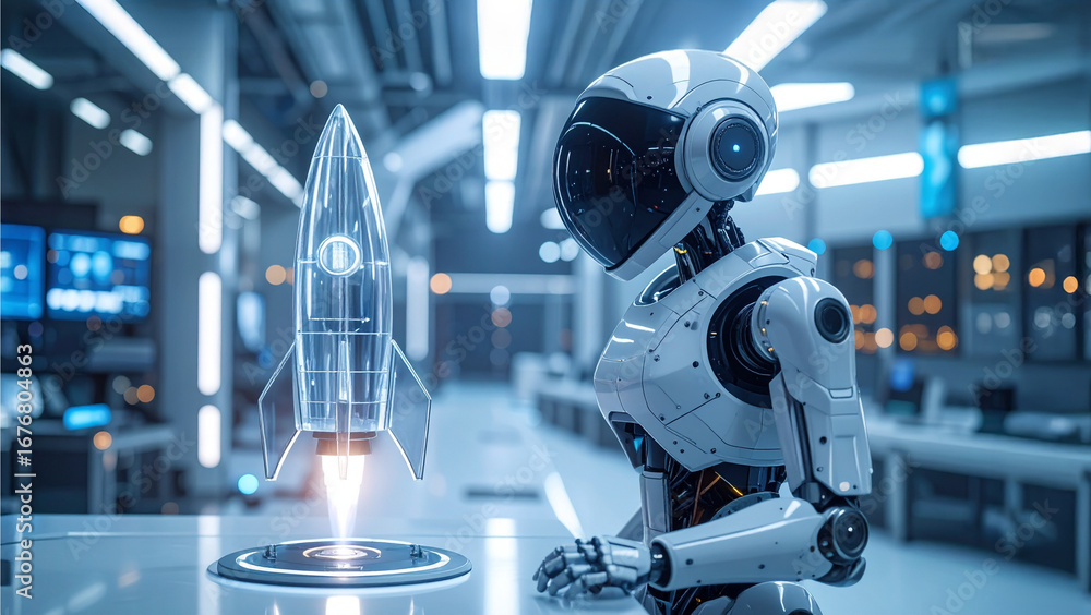 Poster a robot in a laboratory setting examining a holographic rocket display. the scene reflects the inter