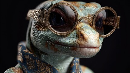 Fototapeta premium Stylish lizard wearing glasses and patterned scarf poses for a close-up in a dimly lit setting