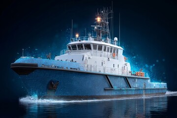 Naklejka premium Boat with holographic nautical charts: digital and safety fusion. Twilight boating. Eco-friendly innovations in maritime lighting for modern yachts. Led navigation. Boat lighting.