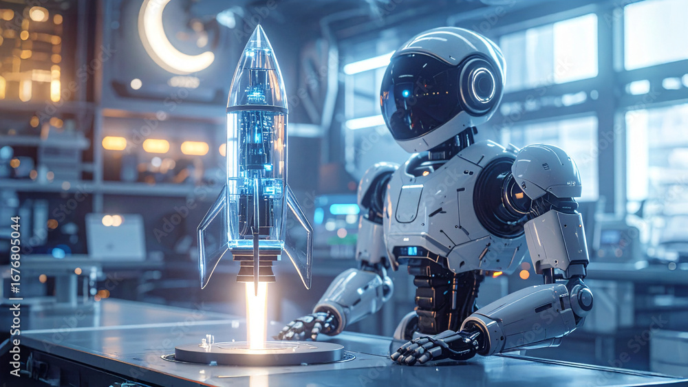 Poster a futuristic robot holding a glowing rocket model in a high-tech laboratory setting
