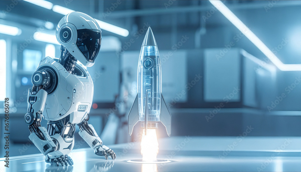 Poster a futuristic robot carefully examines a glowing rocket in a high-tech laboratory setting