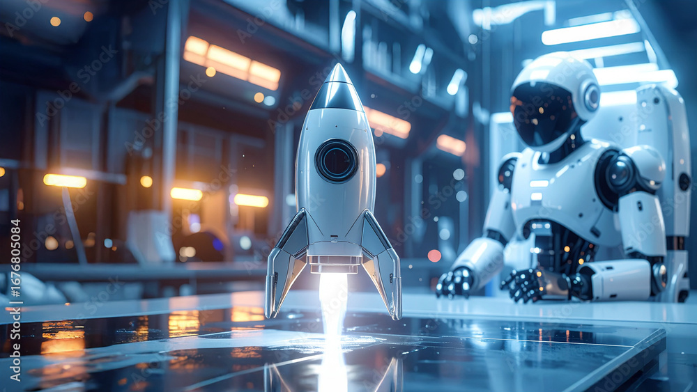 Poster a futuristic scene of a rocket launching with a robot in the background. the rocket taking off, repr