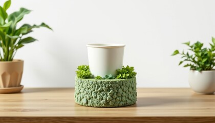 high quality product render of biodegradable cup holder dispenser, constructed with mycelium foam, decorated with stone like porous look, including heat and water resistant coating