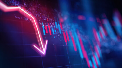 Macro shot of curved glass monitor with glowing downward arrow graph and faint stock chart overlays representing market collapse