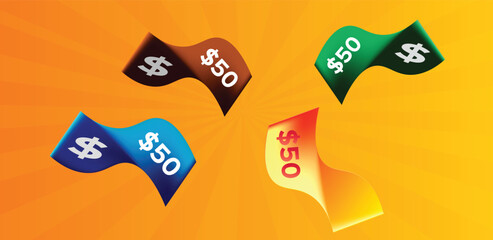 Colorful voucher design template featuring $50 value in multiple colors on a bright orange background. Ideal for gift cards, discount coupons, hopping promotions, reward offers, marketing campaign
