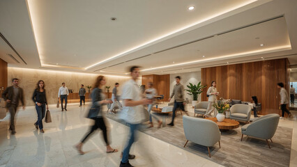 A busy office lobby with people in motion, featuring modern design and bright lighting.
