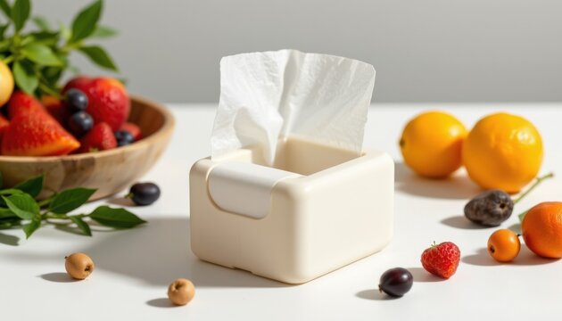 minimalist compostable fruit wrap dispenser, built with plant resin blend, styled with smooth pressed finish, designed for ergonomic one hand operation, shown on crisp clean white with minimal shadow.