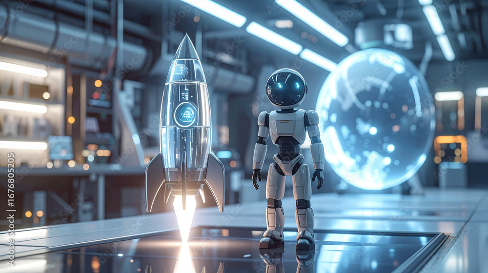Poster an adorable robot stands proudly beside a futuristic rocket, symbolizing innovation and the wonders 