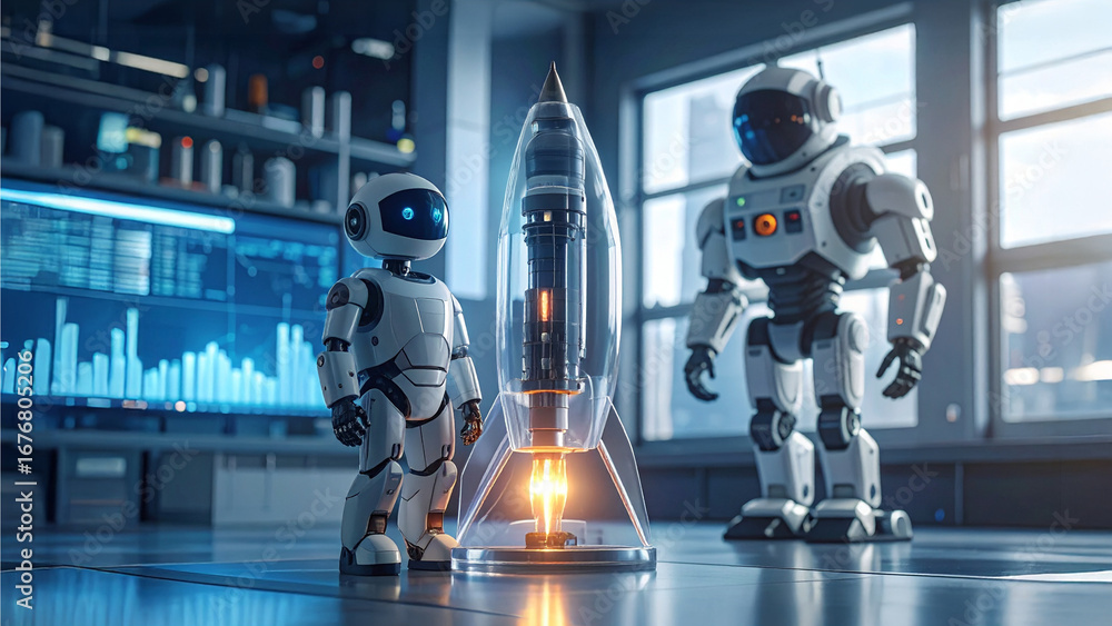 Poster two robots looking at a model rocket in a futuristic laboratory, exploring a breakthrough technology
