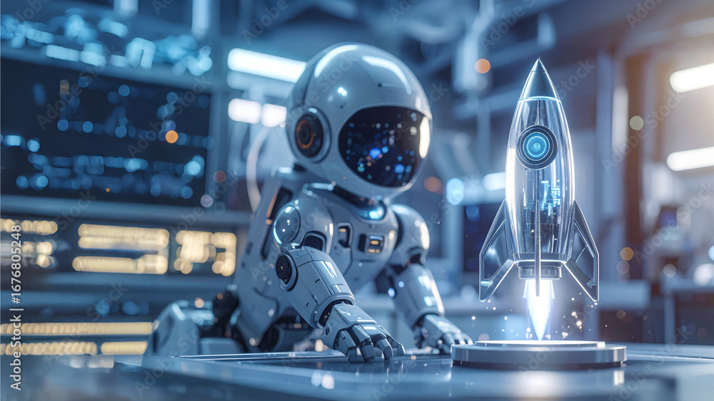 Poster a futuristic robot admiring a miniature rocket in a high-tech lab. the scene captures a sense of won