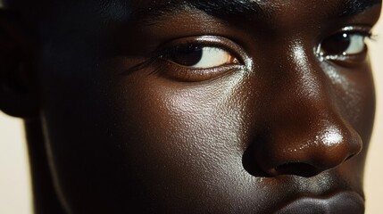 Flawless glowing male African skin, extreme close-up, natural highlights, zero retouching, smooth healthy texture, premium skincare results, masculinity, confidence, skincare concept, portrait.