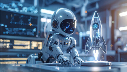 A futuristic robot admiring a miniature rocket in a high-tech lab. The scene captures a sense of wonder and technological advancement.