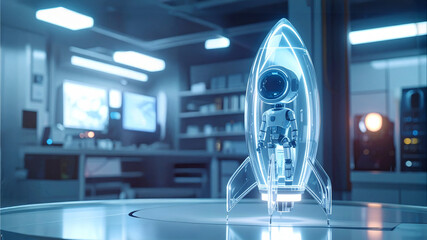 A futuristic, transparent rocket ship housing an astronaut inside. The scene is set in a laboratory