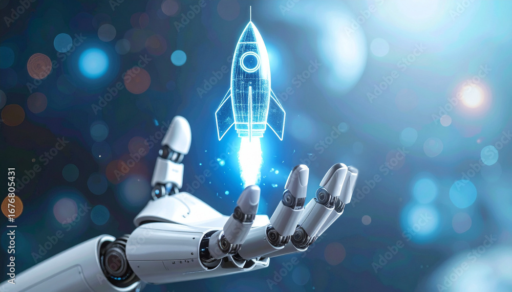 Poster robot arm holds a digital rocket, symbolizing technological advancement and innovation. the image sh