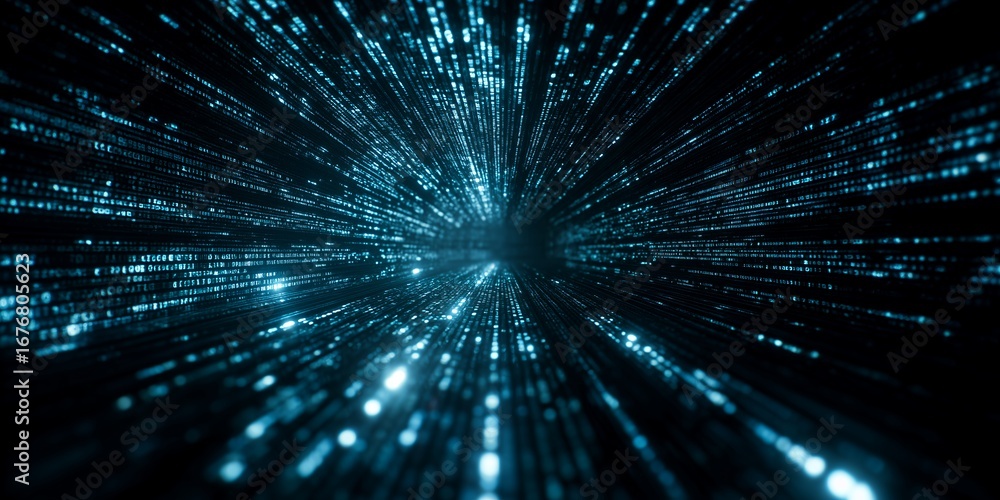 Poster futuristic digital stream of blue data and light particles on dark background. concept for data anal