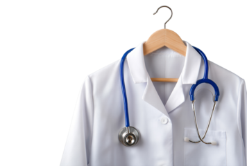 Doctors white coat with a stethoscope hanging on a wooden hanger on a transparent background