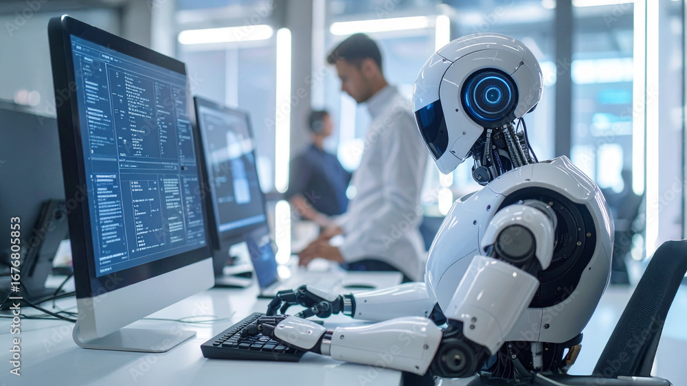Poster a futuristic robot diligently working on a computer in a high-tech office setting, accompanied by hu