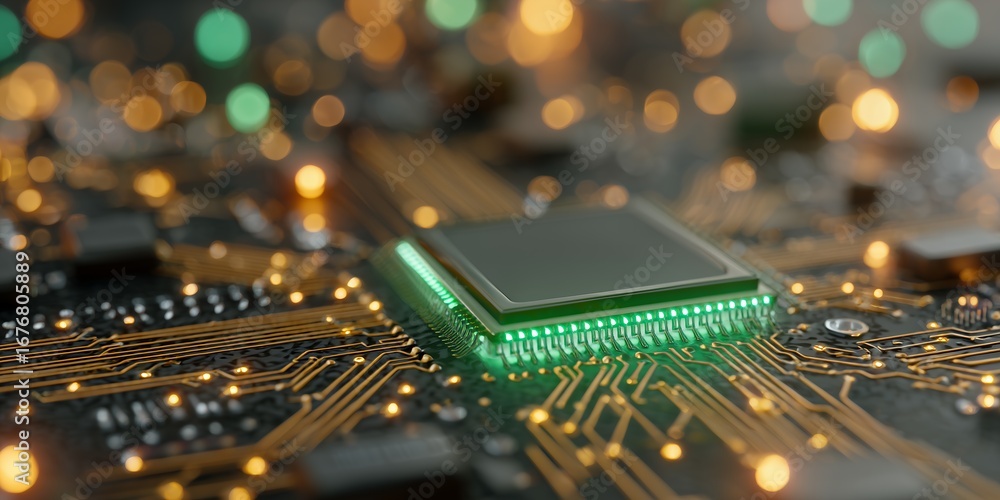 Poster close-up of a central processing unit (cpu) with glowing green lights on circuit board, concept for 