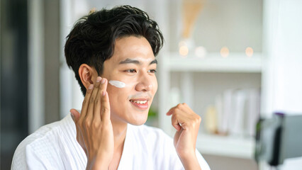 An Asian man applying skincare cream to his face. He is wearing a white robe and smiling as he cares for his skin
