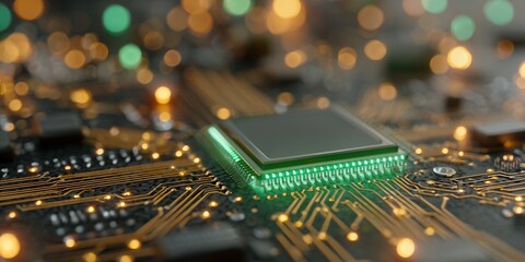 Close-up of a central processing unit (CPU) with glowing green lights on circuit board, concept for computing infrastructure, technology advancement and data processing systems