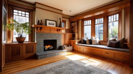 Detailed Wood Trim in Craftsman Room with Fireplace