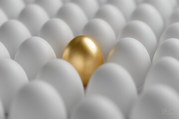 Close-up of a golden egg standing out among many white eggs with soft focus. Concept for unique investment, business advantage and precious opportunity