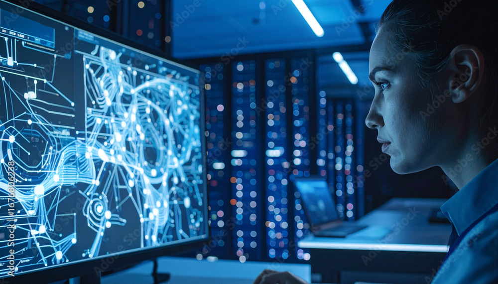 Poster a determined woman working diligently in front of a computer screen, immersed in a data-filled envir