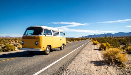 Nostalgic journey in a classic yellow camper bus driving along a deserted highway toward distant mountains on a sunny day