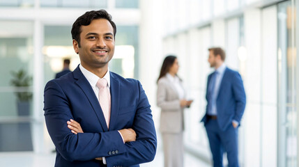 Fototapeta premium Confident Indian Businessman in a Suit Smiling with Arms Crossed Inside a Modern Office