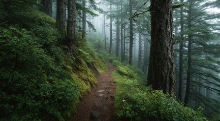 Obraz premium Misty forest trail winding upward through lush greenery