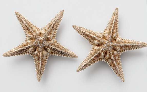 Two starfish, light beige,  on a white background.  Top down view,  displaying details of their spines
