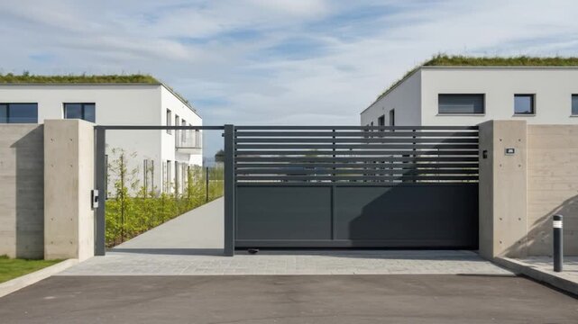 Horizontal metal sliding gate securing modern minimalist homes architecture and design