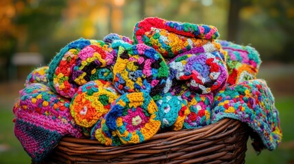 A basket filled with colorful crochet projects