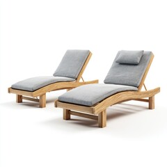 Two light-gray cushioned outdoor sun loungers, crafted from light-brown wood, angled and positioned side-by-side on a plain white backdrop
