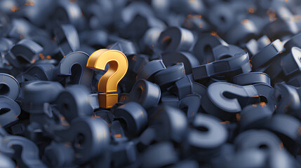 Large pile of dark blue question mark symbols, one golden on top - 3D illustration Stock Illustration