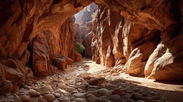 Sunlit canyon passage through red rock