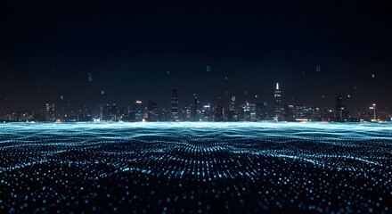 Dynamic cityscape at night with data overlay representing digital future
