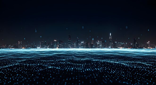 Dynamic cityscape at night with data overlay representing digital future