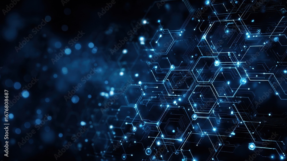 Poster abstract representation of digital circuits and technology on a dark background with blue lights